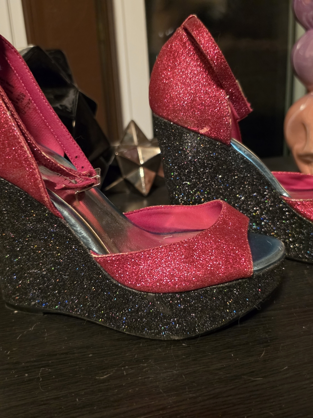 Glitter Peep-Toe Wedge Sandals in Pink and Black
